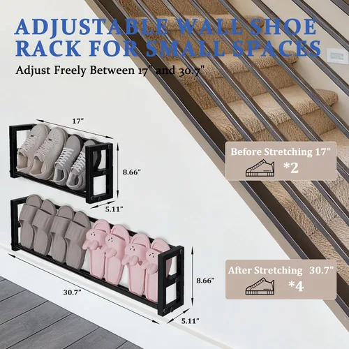 Vista 2 de Paquete de 2 zapateros estrechos de pared para espacios pequeños, zapatero colgante con capacidad para 8 pares, almacenamiento de zapatos de pared