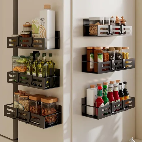 Vista 10 de SETBAOO Paquete de 4 estantes magnéticos para especias para refrigerador, estante magnético negro y nevera, organizador de gabinetes de cocina