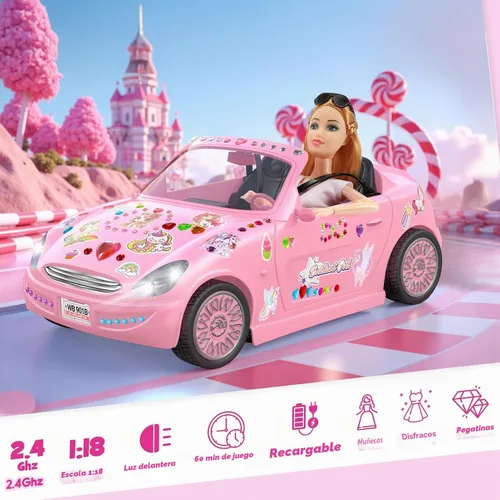 Vista 2 de Conjunto de coche y muñeca RC rosa, baterías recargables juguetes
