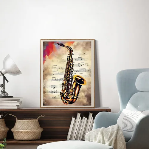 Vista 2 de YEEIFFD Notas musicales vintage de Navidad, saxofón musical retro, kit de pintura de diamantes para adultos, arte de diamantes por números, arte