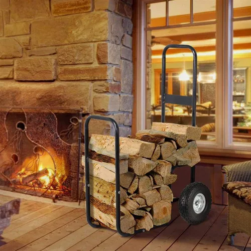 Vista 5 de Carrito de leña para leña, estante de almacenamiento para exteriores, interior, carrito de leña con ruedas