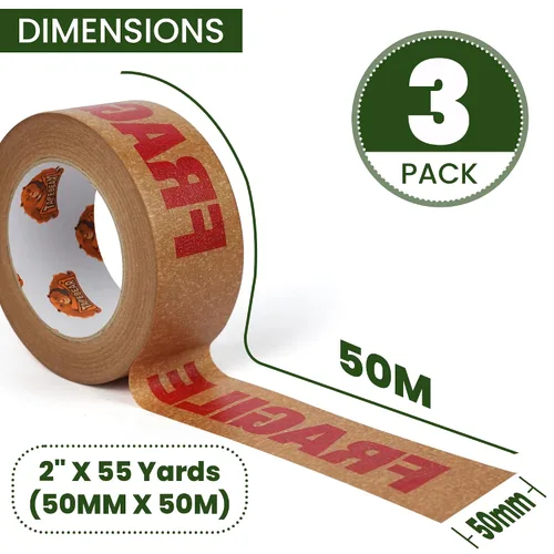 Vista 6 de TAPEBEAR Cinta Frágil de Papel Kraft Ecológico de 2 pulgadas x 55 yardas, Cinta de Papel Marrón de Embalaje Biodegradable Cinta Autoadhesiva