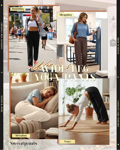 Vista 22 de Neer - Conjunto de 3 pantalones de yoga de pierna ancha para mujer - Pantalones deportivos cómodos, holgados, de cintura alta y casuales