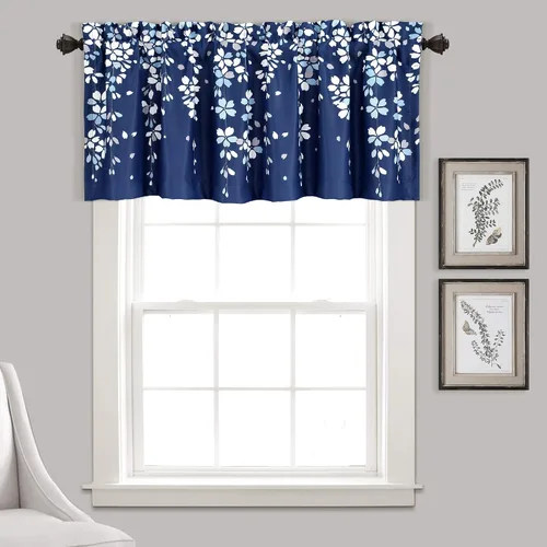Vista 35 de Lush Decor Cenefa para ventana con flores que lloran, filtro de luz, azul y gris