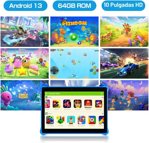 Vista 2 de PRITOM Tabletas para niños de 10 pulgadas Android 13, tableta con cordón 64GB, Quad-Core, pantalla HD IPS, WiFi, cámara dual, tableta para niños Azul