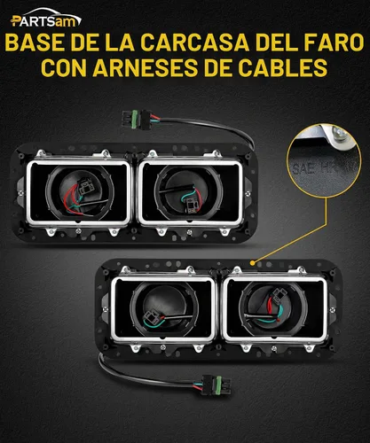 Vista 2 de Base de carcasa de faro PARTSam con enchufes H4, arneses de cableado, bisel de acero inoxidable de repuesto para Kenworth T600 T800 W900, Peterbilt
