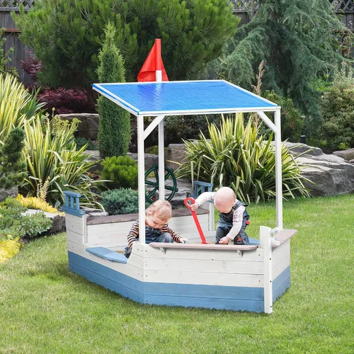 Vista 2 de Outsunny Caja de arena para niños con toldo, cajas de arena de madera con banco para patio trasero, pozo de arena para niños pequeños, 83 x 43
