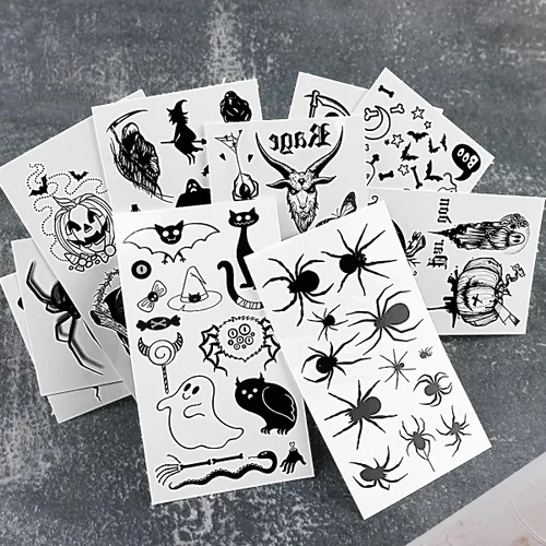 Vista 5 de 10 hojas de tatuajes temporales de Halloween para mujeres y hombres, calavera negra de terror, fantasma, araña, tatuajes falsos 3D, calcomanías