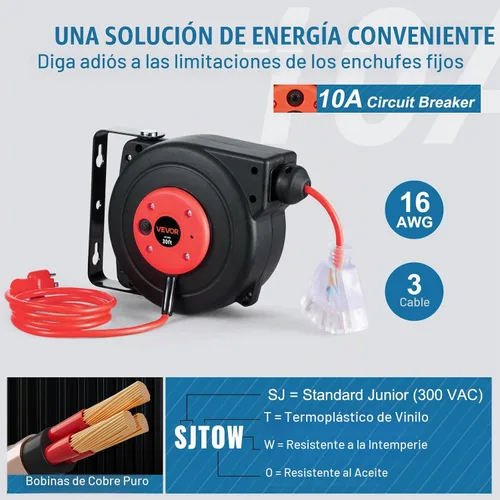 Vista 3 de VEVOR Carrete de cable de extensión retráctil, 30 pies, carrete de cable de alimentación retráctil resistente 16AWG/3C SJTOW con toma triple Rojo