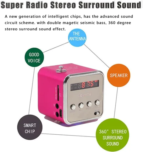 Vista 2 de Eboxer - Mini altavoz portátil con reproductor de música, radio FM, altavoz estéreo, soporte para tarjeta TF y disco U, diseño breve, mini altavoz