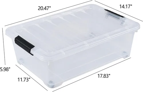 Vista 2 de Juego de 4 contenedores apilables de plástico transparente para debajo de la cama con tapa, 20 cuartos de galón Latch storage container, slim 5.98