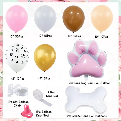 Vista 2 de Decoraciones de fiesta de perro, guirnalda de globos de pata de perro rosa, kit de arco de guirnalda de globos de fiesta de perro con pata de perro