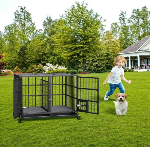 Vista 8 de Jaula para perros con riel deslizante de 42 pulgadas, perrera de metal grande resistente con puertas dobles, divisor flexible, bandeja extraíble