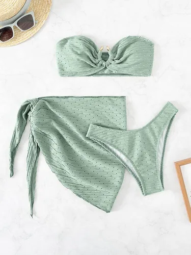 Vista 4 de WDIRARA Traje de baño de 3 piezas con corte bandeau para mujer, falda de playa con lazo lateral