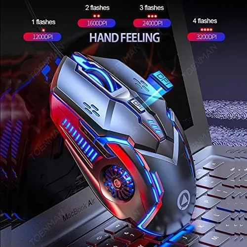 Vista 4 de Mouse para juegos con cable, 6 botones, 4 DPI ajustables hasta 3200 DPI, 7 luces LED circulares y de respiración, mouse multifunción con cable