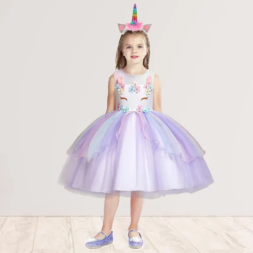 Vista 5 de Vestido de disfraz de unicornio para niñas pequeñas diadema de unicornio concurso cumpleaños princesa tutú con accesorios