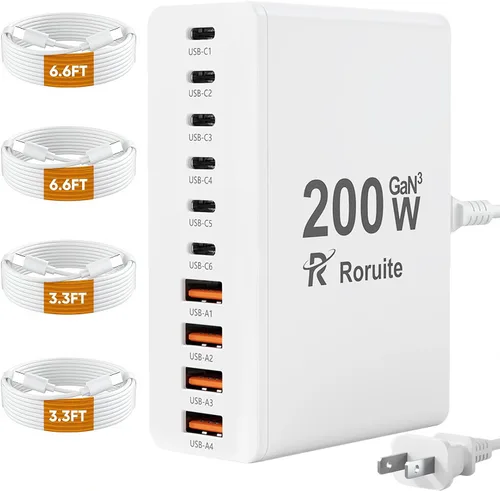 Vista 10 de Estación de carga USB C de 10 puertos con 4 cables USB, bloque de cargador GaN tipo C de 200W, adaptador de enchufe de regleta de alimentación