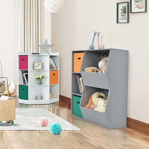 Vista 17 de HONEY JOY Organizador de almacenamiento de juguetes para niños con 5 cubículos, estantería y estantería para niños con 2 cajas de almacenamiento