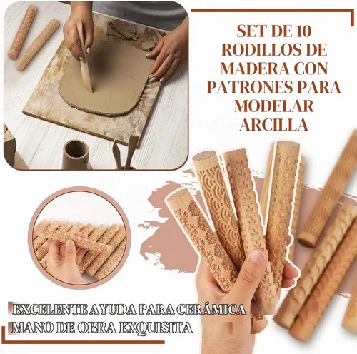 Vista 6 de Lzttyee Juego de 10 herramientas de cerámica con mango de madera, rodillos de patrones de modelado de arcilla, color marrón (juego de 10)