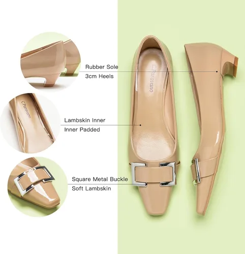 Vista 4 de C.Paravano Zapatos de tacón grueso con punta cerrada para mujer Tacones bajos de cuero Tacones bajos de punta cuadrada Zapatos de tacón de vestir