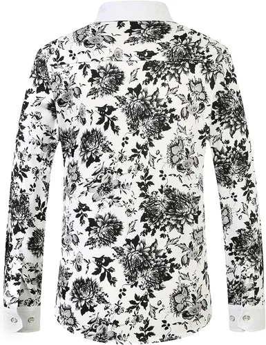 Vista 2 de SSLR Camisa hawaiana de manga larga con botones de algodón floral para hombre