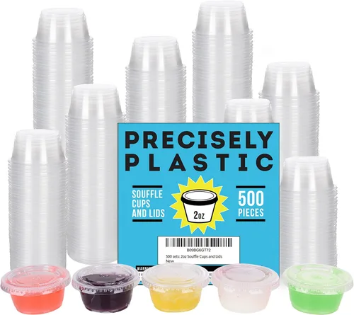 Vista 10 de [500 juegos – 1 onza] Vasos desechables de plástico para soufflé/porciones con tapas a granel perfecto para vasos de chupito, condimentos, aderezos