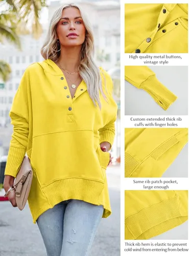 Vista 5 de Zwurew Sudadera casual con capucha Henley con cuello en V y bolsillo para mujer