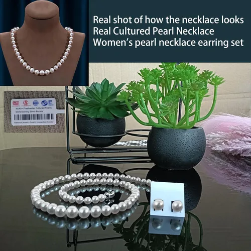 Vista 3 de Juego de collar y aretes de perlas, collar de perlas reales, conjuntos de joyas para mujer 18 a 19 pulgadas AAAACollar de perlas de agua dulce