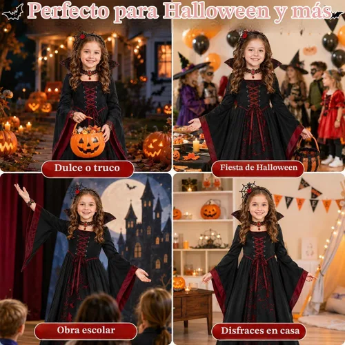 Vista 9 de Doloowee Disfraz de vampiro para niñas, disfraz de Halloween de 4 piezas