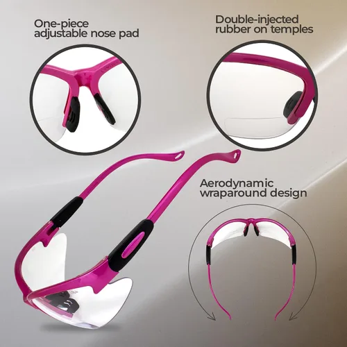 Vista 4 de Global Vision Gafas Cougar Bifocal Gafas De Seguridad De Las Mujeres Rosa Oscuro Marco De Nylon Lentes Transparentes