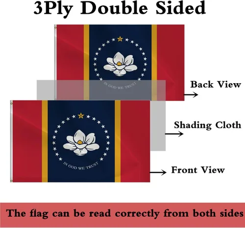 Vista 2 de Bandera del estado de Mississippi de doble cara – Nueva bandera del estado de Mississippi de 3 x 5 pies para interiores y exteriores, poliéster 220D