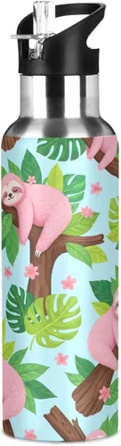 Vista 8 de Insulated Water Bottle 32 Oz, Leakproof Water Bottles for Gym Outdoor Travel School, Cute Pink Sloths Green Leaves