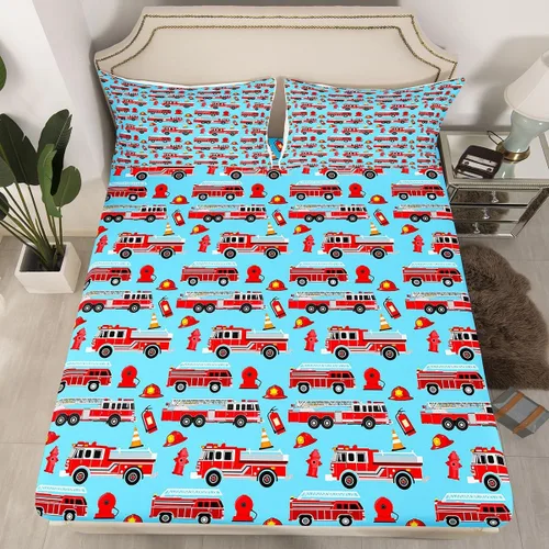 Vista 22 de Juego de sábanas bajeras ajustables para niños, diseño de caricaturas, camiones, tamaño individual, juegos de ropa de cama de excavadoras, camiones