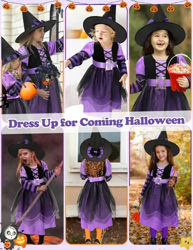 Vista 3 de Sarfel Disfraz de bruja para niñas, disfraz de bruja para niñas, disfraz de Halloween para niñas, disfraz de bruja para niñas