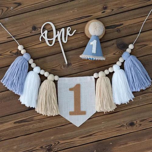 Vista 2 de DCJHFJ Decoraciones de primer cumpleaños para niño, pancarta azul para silla alta con sombrero de primer cumpleaños y una decoración de pastel