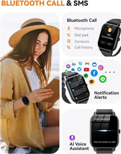 Vista 2 de Reloj inteligente para hombres y mujeres, pantalla HD de 1.85 pulgadas, rastreador de fitness Bluetooth, contador de pasos/monitor de sueño, más