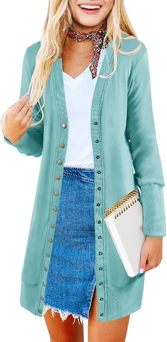 Vista 2 de MEROKEETY Cárdigans de manga larga con botón de presión para mujer color sólido con cuello acanalado