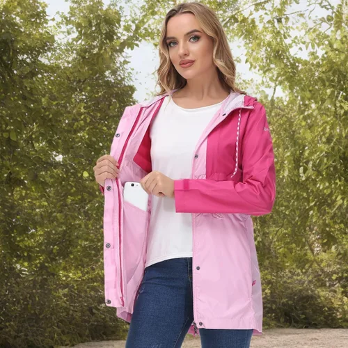 Vista 8 de Lightbare Chaqueta ligera resistente al agua para mujer, antidesgarros, plegable, transpirable, con capucha, cortavientos LB02W