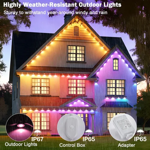 Vista 8 de iYogaled Luces exteriores permanentes para casa, 50 pies de luces de borde exterior inteligentes RGB con 63 modos de escena, luces LED impermeables
