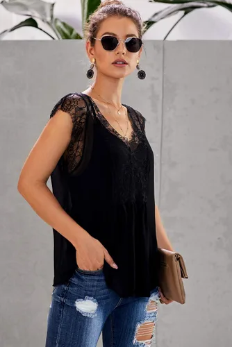 Vista 4 de Blusa de encaje con cuello en V para mujer, blusa casual sin mangas
