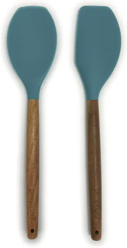Vista 8 de Prepara Juego de 2 cucharones de sopa y cuchara ranurada de acacia y silicona, color verde espuma de mar