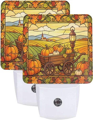 Vista 25 de Calabazas con girasoles de arce LED enchufable luz nocturna 2 unidades, luces nocturnas con sensor automático, juego de 2 para dormitorio, baño