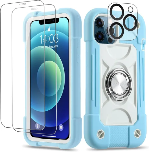 Vista 102 de Funda para iPhone 11 de 6.1 pulgadas con soporte de anillo, con 2 protectores de pantalla de vidrio, resistente a los golpes, resistente a