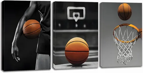Vista 10 de Juego de 3 impresiones artísticas en lienzo de baloncesto, pósteres de baloncesto enmarcados, decoración de sala deportiva para hombres, niños