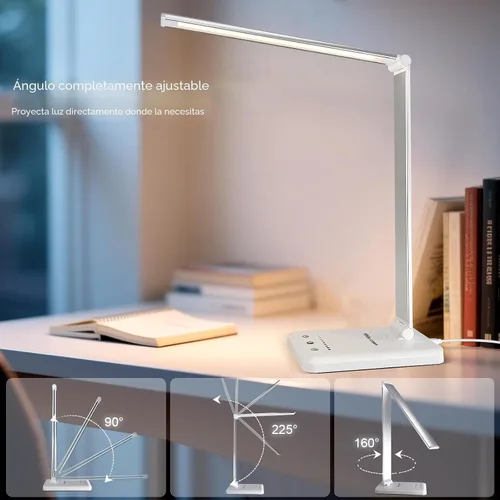 Vista 9 de Lámpara de escritorio LED White Crown regulable, lámpara de mesa para lectura con puerto de carga USB, 5 modos de iluminación, control sensible