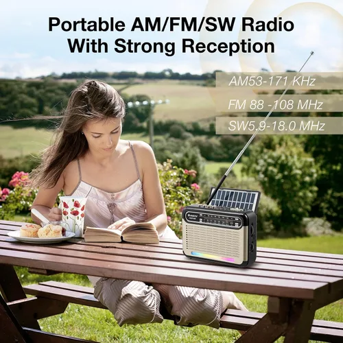 Vista 3 de G Keni Radio solar portátil AM FM SW con batería recargable, radio Bluetooth de onda corta, recepción fuerte, entrada de tarjeta USB/TF, panel