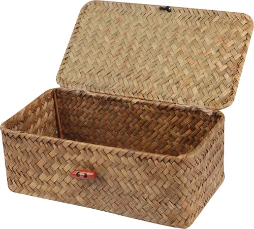 Vista 11 de Moosky Cestas de mimbre con tapa, cesta tejida a mano de pastos marinos para cestas de almacenamiento, cajas de regalo rectangulares para el hogar