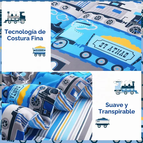 Vista 4 de Mooreeke Juego de edredón individual para niños de 6 piezas, juego de ropa de cama azul para adolescentes, cama de tren de microfibra para niños