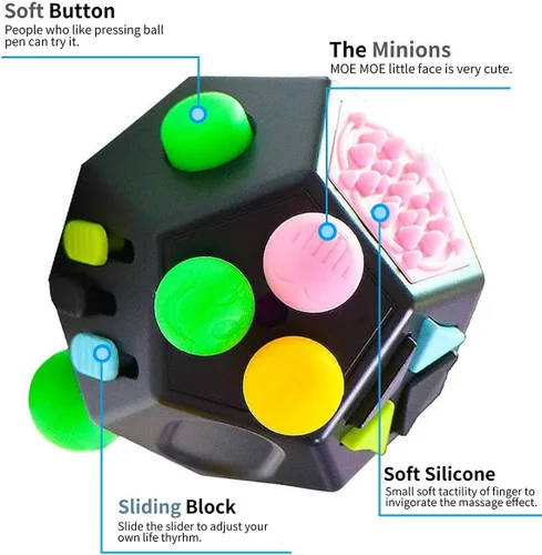 Vista 2 de Juguetes de Cubo de 12 Lados, Cubo de Juguetes Fidget Alivia el Estrés y la Ansiedad para Niños y Adultos con TDA, TOC, TDAH, Autismo (Negro / B2)
