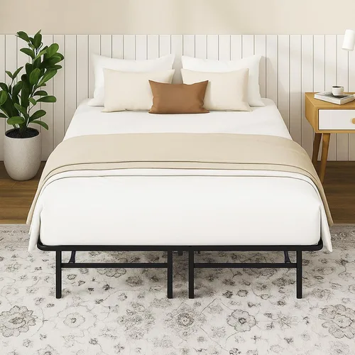 Vista 8 de Base de cama plegable de tamaño matrimonial, plataforma de metal con almacenamiento debajo de la cama de 14 pulgadas, resistente, sin ruido, fácil